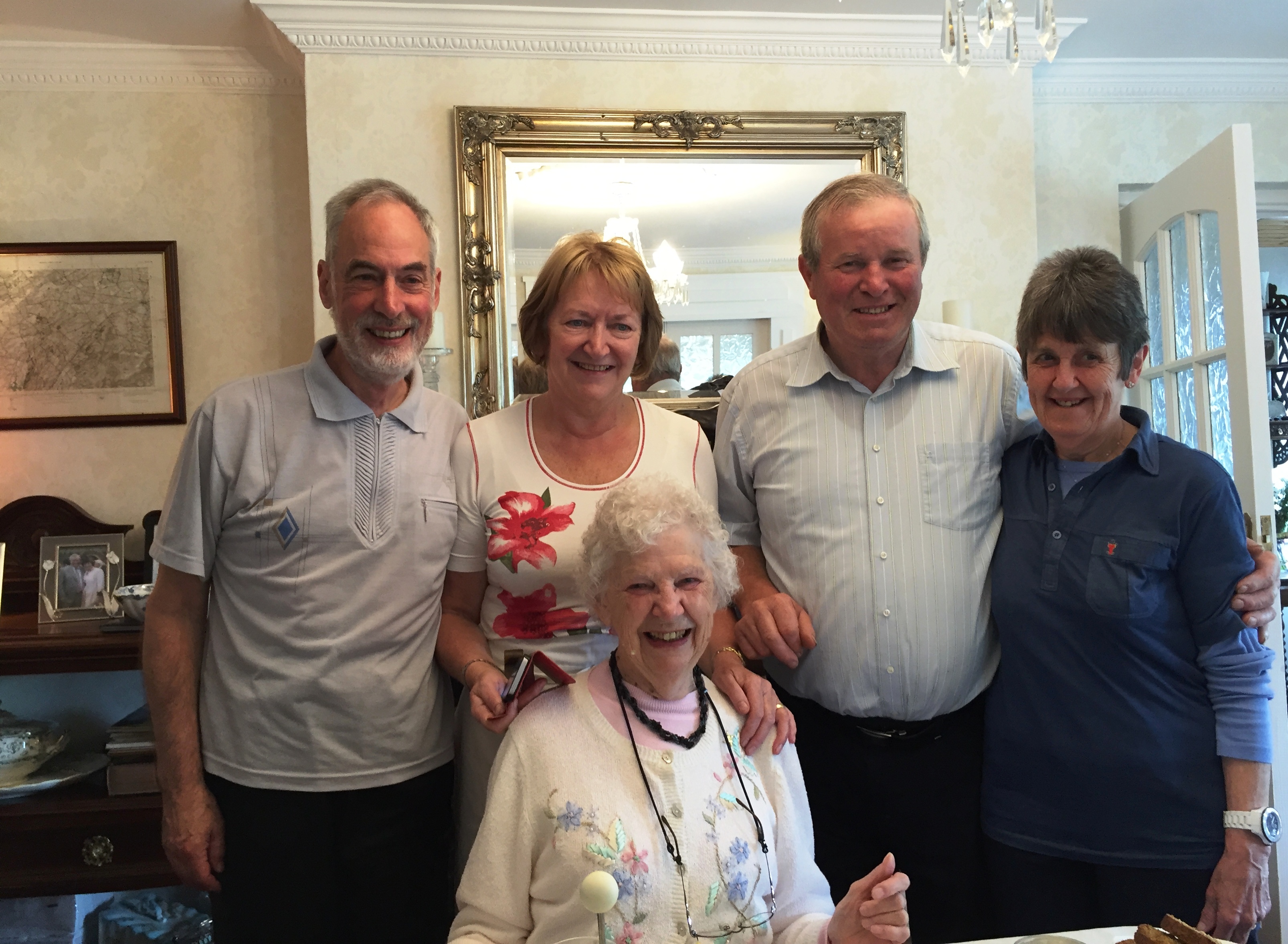 John, Brenda, Micheal, and Lynn -- new friends at Clareview House B&B, join us in wishing Roberta a happy 93rd birthday. Photo by Martha Clark.